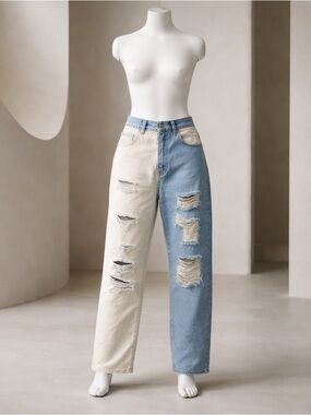 American Bazi Color Block Distressed Boyfriend Jeans Size Large NWT